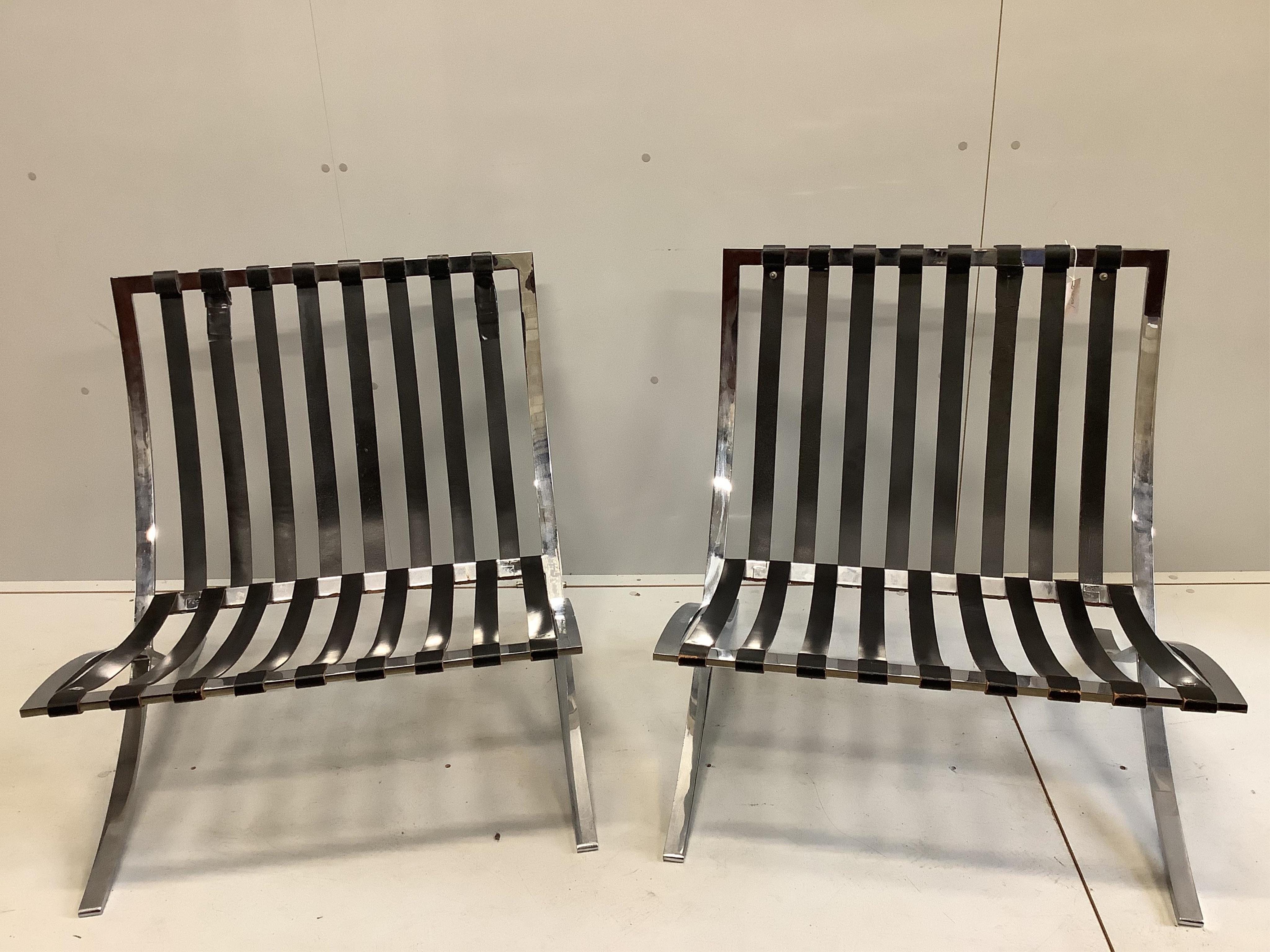 A pair of Barcelona chairs, width 75cm, depth 76cm, height 74cm
